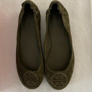 Tory Burch Suede Minnie Flats Size-7 Aneto (dark olive green)